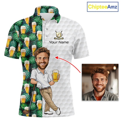 A custom short-sleeve polo shirt mockup on a white background, featuring a split design: one half has a green tropical leaf and beer glass pattern, and the other half is white with a subtle honeycomb texture. A cartoon caricature of a smiling man holding a beer is printed across the lower front, with 'Your Name' text and a golf club graphic above it