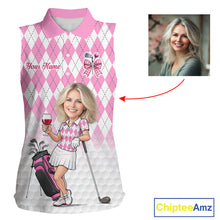 Load image into Gallery viewer, Personalized Argyle Style Funny Womens Sleeveless Golf Polo Shirt Gift For Mother Day – Custom Face Portrait Cartoon Design NHT662