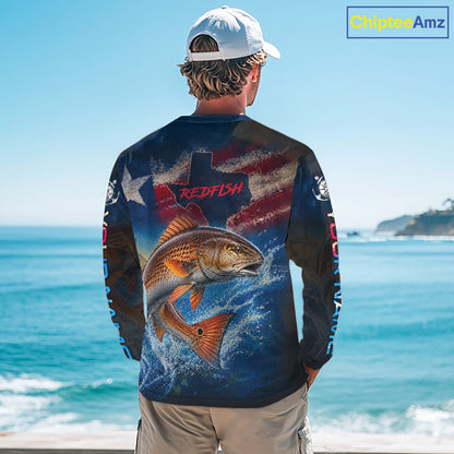 Texas Flag Redfish Long Sleeve Fishing Jersey, Red Drum Saltwater Performance UV Shirt For Men 
