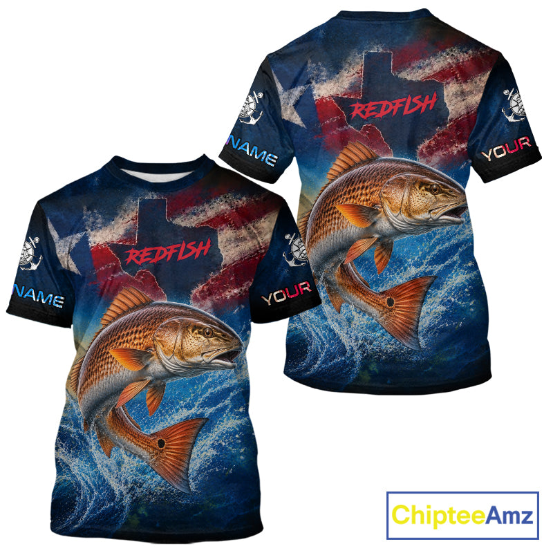 Texas Flag Redfish Short Sleeve Fishing T-Shirts Fishing Jersey, Red Drum Saltwater Performance UV Shirt For Men 