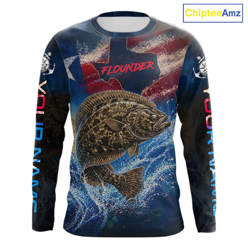 Texas Flag Flounder Long Sleeve Fishing Jersey, Flounder Saltwater Performance UV Shirt For Men 