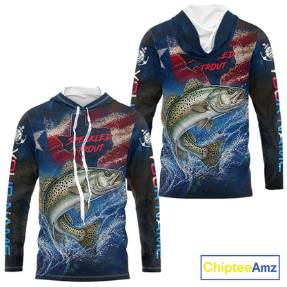 Texas Flag Speckled Trout Long Sleeve Hooded Fishing Jersey, Trout Saltwater Performance UV Shirt For Men 