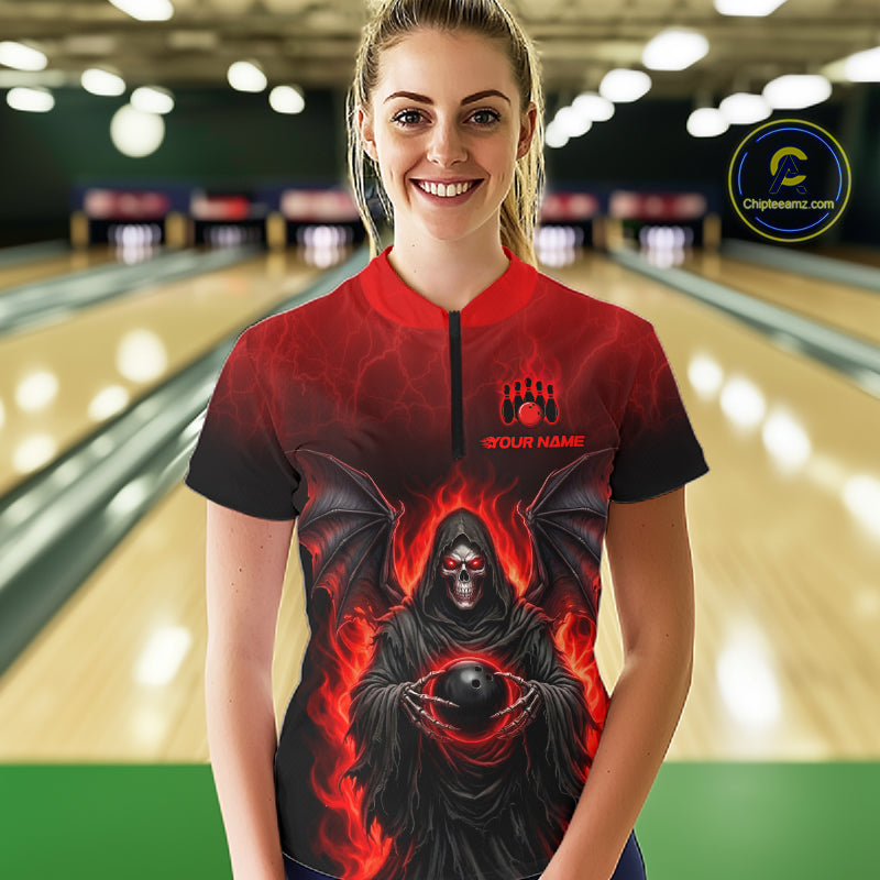 Personalized Grim Reaper Women Bowling Polo Shirt, Custom Team Name 1/4 Zip Bowling Jersey|Red NHT1320