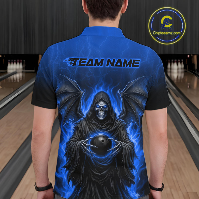A person viewed from behind wearing a short-sleeve bowling shirt with a large blue and black grim reaper graphic and the text 'TEAM NAME' across the upper back. Bowling lanes are visible in the background