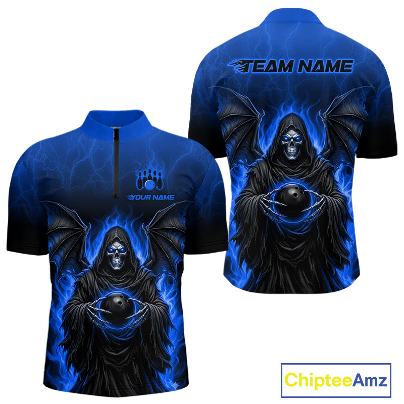 Front and back views of a blue and black short-sleeve cycling jersey featuring a grim reaper graphic with blue flames, customizable text placeholders, and a ChipteeAmz logo.