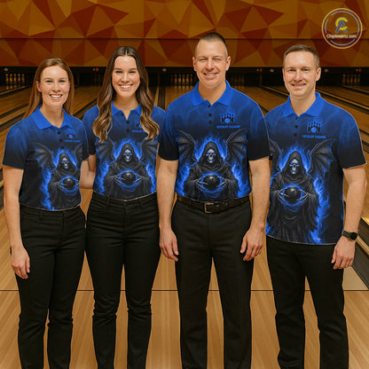 Personalized Grim Reaper Men Bowling Polo Shirt, Custom Team Name 1/4 Zip Bowling Jersey|Blue NHT1321