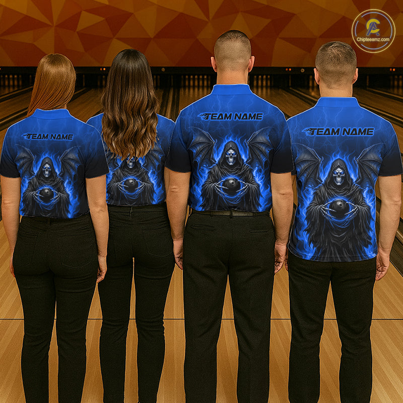 Personalized Grim Reaper Men Bowling Polo Shirt, Custom Team Name 1/4 Zip Bowling Jersey|Blue NHT1321