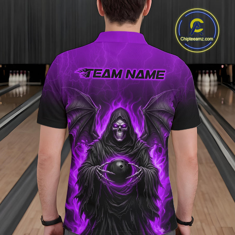 A man viewed from behind wearing a purple and black short-sleeve bowling shirt with a large graphic of a hooded grim reaper holding a bowling ball, with 'TEAM NAME' printed across the upper back. Bowling lanes are visible in the background
