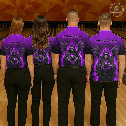 Personalized Grim Reaper Women Bowling Polo Shirt, Custom Team Name 1/4 Zip Bowling Jersey|Purple NHT1322