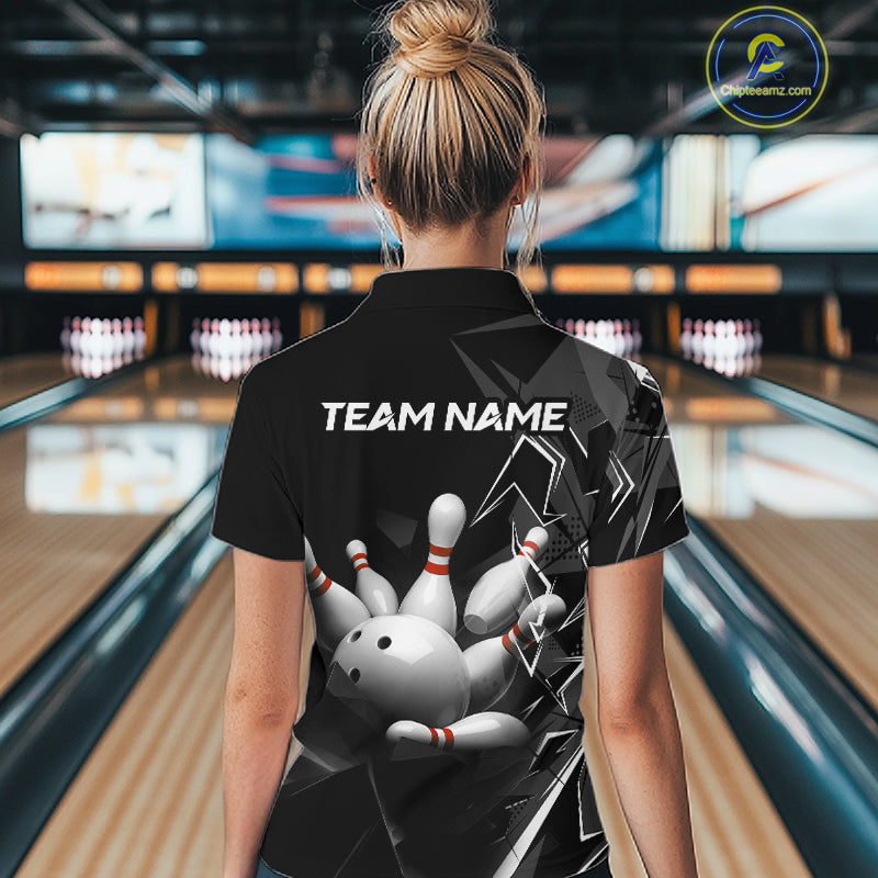 Custom Bowling Team Women Polo Shirt Quarter Zip 1/4 Personalized Name Performance Bowling Jersey|Black White NHT1332