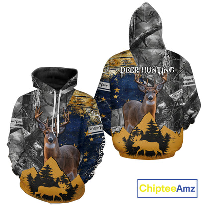 WhiteTails Deer Hunting Alaska Flag with Custom Name, Camo Gray Camouflage Details  NHT09