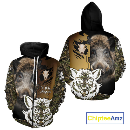 Wild Boar Hunting Shirt Custom Name Camo Skull Hunting Clothes For Hunters Gift NHT110