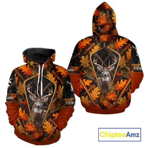 Personalized Whitetail Deer Hunting 3D All Over Printed Hoodie Orange Autumn Leaves Camo NHT43