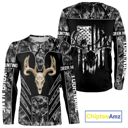 Beautiful Gray Black Camo Deer Hunting Shirt With Skull Print And US Flag Hunting Gifts NHT68