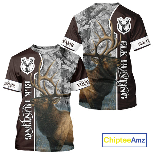 Elk Hunting Shirt Personalized 3D All Over Print Brown With Gray Camo Hunting Clothes NHT99