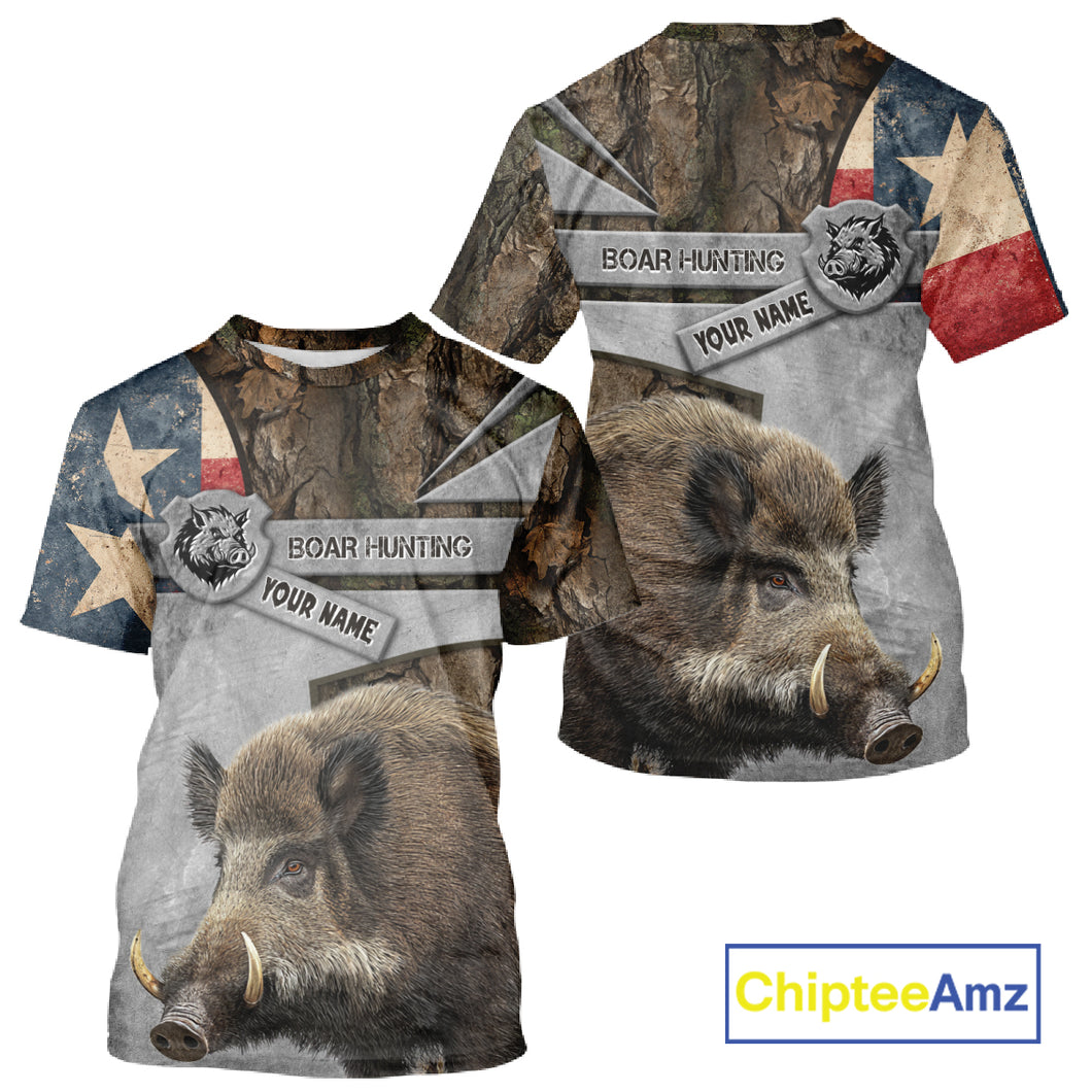 Best Wild Boar Hunting Camouflage TX Flag Custom Name Shirts for Hunter Gift For Hunter NHT107