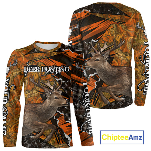 Best Deer Hunting Shirt Personalized 3D All Over Print Black With Orange Camo Hunting Clothes NHT61