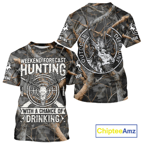 Deer Hunting Grey Camo 3D Shirts with Antler Skull Graphic, Funny Hunting Outfit for Hunters NBT71