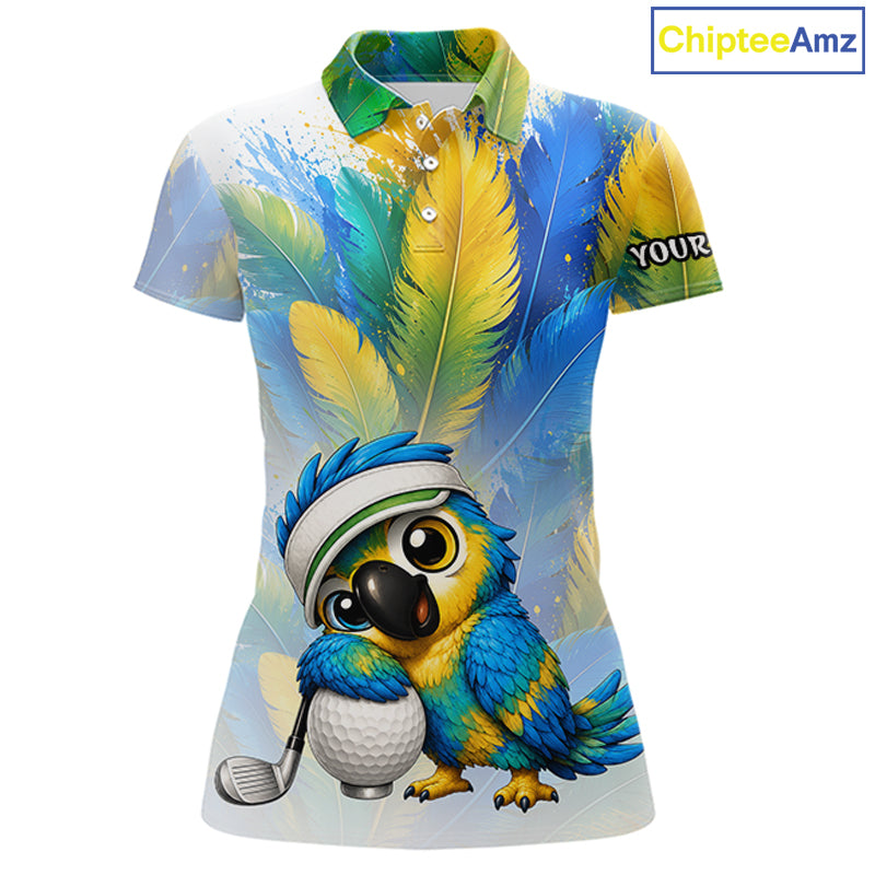 Personalized parrot womens golf polo shirt, cute bird hugging golf ball, front view.