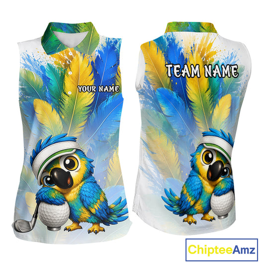 Womens sleeveless golf polo shirt with parrot hugging golf ball graphic, personalized golf lover gift, side view.