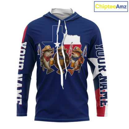 Funny Cowboy Trout, Flounder, Redfish Texas Flag Long Sleeve Hooded  Fishing Shirts Apparel