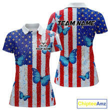 Load image into Gallery viewer, Personalized Blue Butterfly American Flag Polo – Custom Name Patriotic Womens Golf Polo Shirt