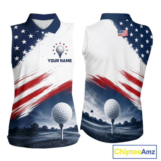 Patriotic American Flag Women's Sleeveless Golf Polo Shirt –  Red White Blue Golf Apparel 