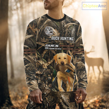 Load image into Gallery viewer, Yellow Lab 3D Shirt Retrieving Mallard Duck, Custom Name Duck Hunting Clothes NHT217