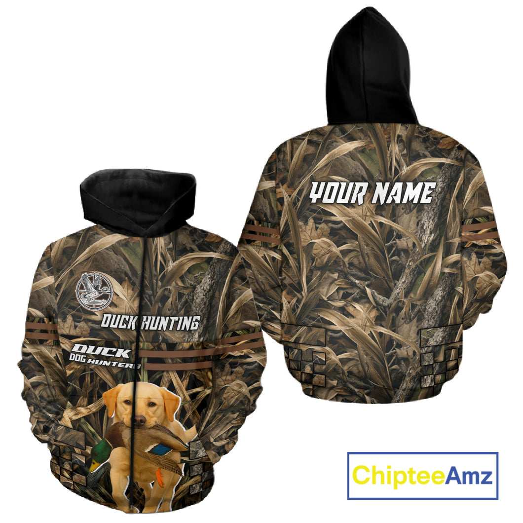 Yellow Lab 3D Shirt Retrieving Mallard Duck, Custom Name Duck Hunting Clothes NHT217