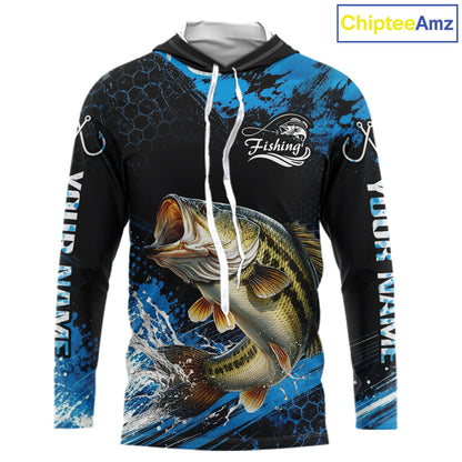 Custom Bass Fishing Jersey long sleeve hooded shirt with bass-inspired graphic and performance fit.