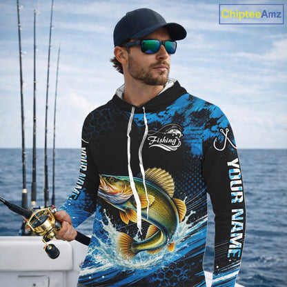 Custom Walleye Fishing Jersey, Personalized Team Name Long Sleeve Hooded Performance Fishing Shirt For Men NHT1226