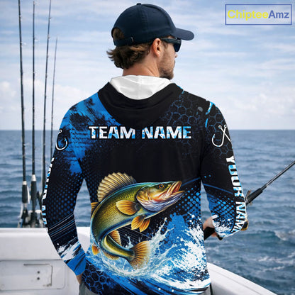 Custom Walleye Fishing Jersey, Personalized Team Name Long Sleeve Hooded Performance Fishing Shirt For Men NHT1226