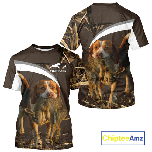 Brown Camo 3D Printed Beagle Dog Rabbit Hunting Shirt, Custom Name Hunting Gift NHT225