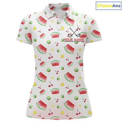 Funny Watermelon Pattern Womens Polo Shirt, Long Sleeve Golf Polo Shirt Custom Watermelon Pattern Team Golf Top NHT757