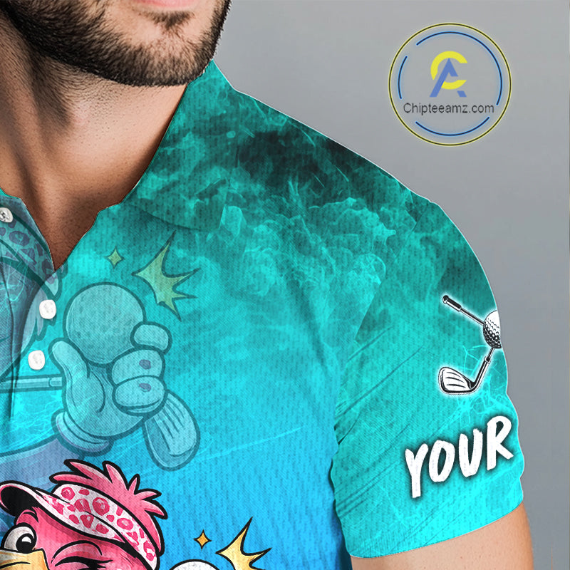 A close-up of a man wearing a short-sleeve collared polo shirt with a bright turquoise and teal graphic print. The shirt features cartoon golf-themed illustrations, including a golf ball, club, and the word 'YOUR' printed on the sleeve, suggesting a customizable apparel product.