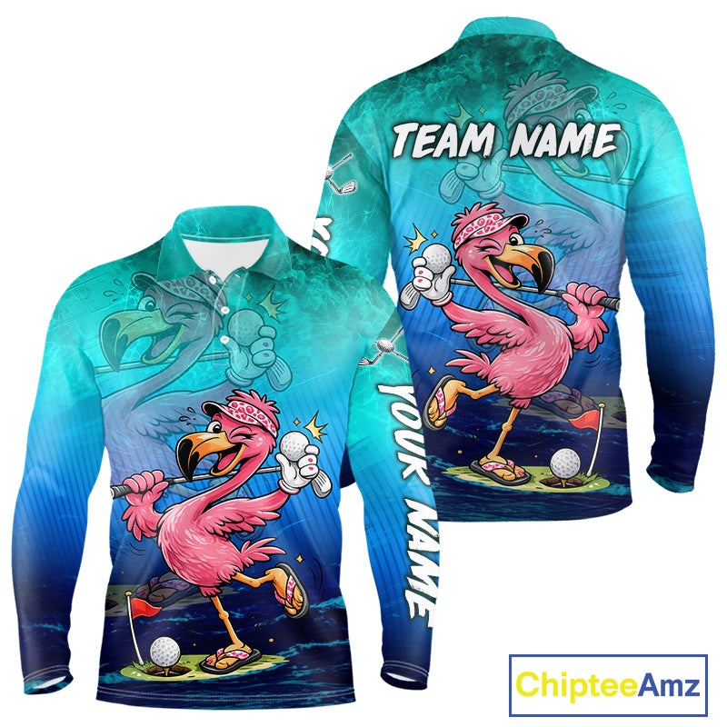 A long-sleeve collared shirt shown from the front and back, featuring a colorful cartoon flamingo golf design with blue and teal gradient background, white text placeholders reading TEAM NAME and YOUR NAME, and a visible ChipteeAmz logo in the bottom right corner.