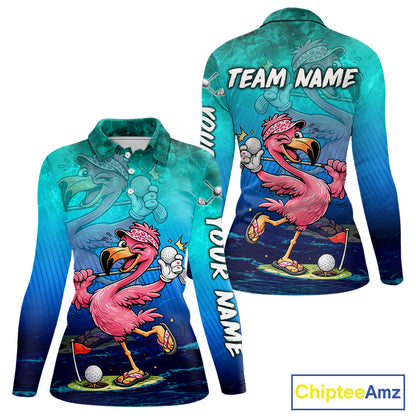 A long-sleeve polo shirt shown from the front and back, featuring a colorful all-over print with a pink flamingo golf theme, blue and teal gradient background, and customizable text reading TEAM NAME and YOUR NAME. A ChipteeAmz logo appears in the bottom right corner.