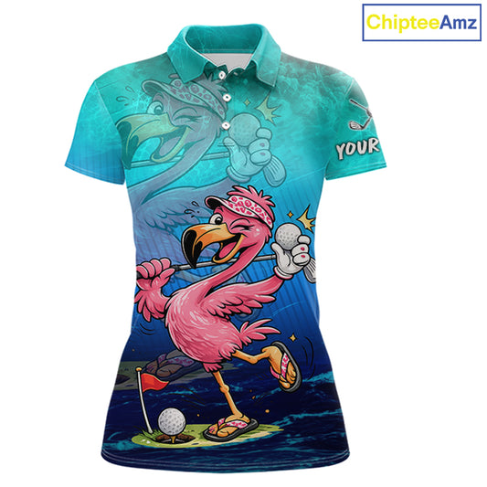 A women's short-sleeve polo shirt with a vibrant all-over cartoon print. The design features a pink flamingo holding a golf ball on a golf hole, with a blue and teal background showing a fish and the text 'YOUR' on the chest.