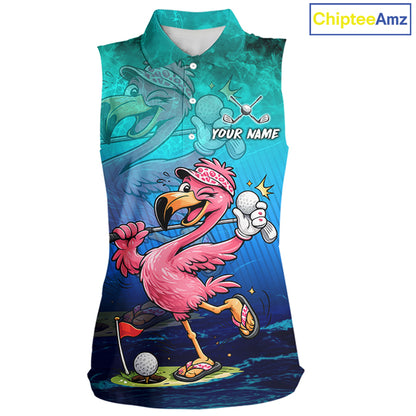 A sleeveless collared golf shirt with a colorful cartoon flamingo playing golf, featuring a teal and blue gradient background with the text 'YOUR NAME' and a ChipteeAmz logo in the top right corner.
