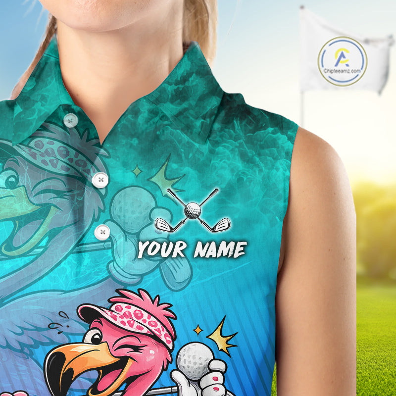 A sleeveless collared golf shirt shown on a cropped model torso, with a bright teal and blue graphic print featuring cartoon birds, golf clubs, a golf ball, and the text 'YOUR NAME'. A golf flag and grass are visible in the background, and a circular 'Designsprint.