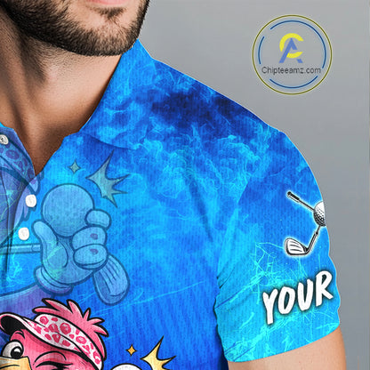 A close-up of a man wearing a bright blue short-sleeve polo shirt with a golf-themed cartoon print, including a golf ball club graphic on the sleeve and the word 'YOUR' on the front. The image includes a watermark logo for Chipteamz.