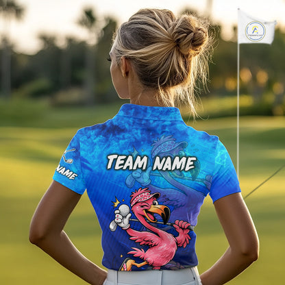 Personalized Flamingo Womens Golf Polo Shirt Custom Name And Team Royal Blue Funny Ocean Tropical Golf Outfit NHT1236