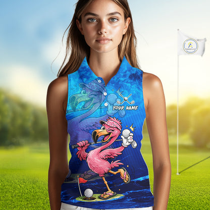 A woman modeling a sleeveless collared button-up shirt with a vibrant cartoon flamingo golf graphic on a blue background, set against a blurred golf course background with a flag.