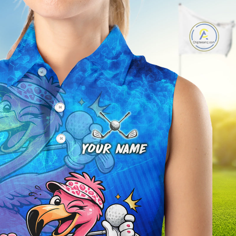 A sleeveless collared button-up shirt with a bright blue watercolor-style background and cartoon golf-themed graphics, including a pink bird holding a golf ball and the text 'YOUR NAME' for personalization. A woman is wearing it, and a golf flag is visible in the blurred background.