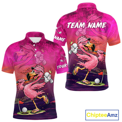 A custom printed short-sleeve polo shirt shown from both front and back views. The shirt features a vibrant pink flamingo golf graphic with a dark purple gradient background, customizable text placeholders 'TEAM NAME' and 'YOUR', and a 'ChipteeAmz' logo in the bottom right corner.