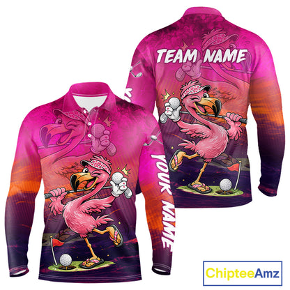 A long-sleeve collared shirt shown from the front and back on a white background, featuring a colorful cartoon flamingo golf design with pink, purple, orange, and black gradient artwork. The back has 'TEAM NAME' text and the front has 'YOUR NAME' text, indicating a customizable apparel product.