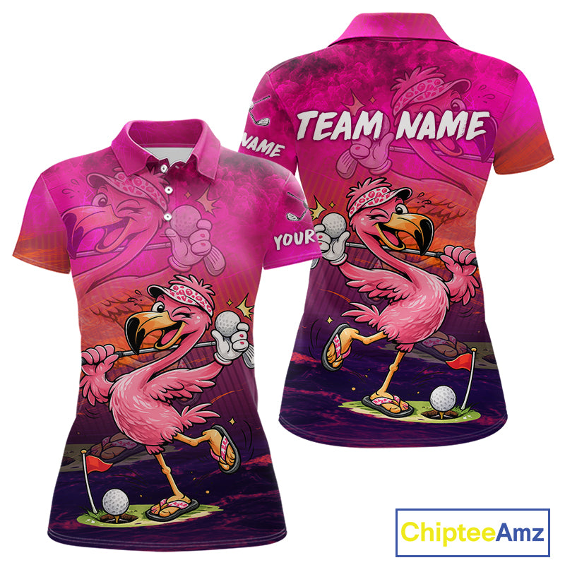 A women's short-sleeve polo shirt shown from both front and back, featuring a vibrant pink and purple all-over golf-themed flamingo graphic with customizable text placeholders. The shirt has a pink collar and button placket.