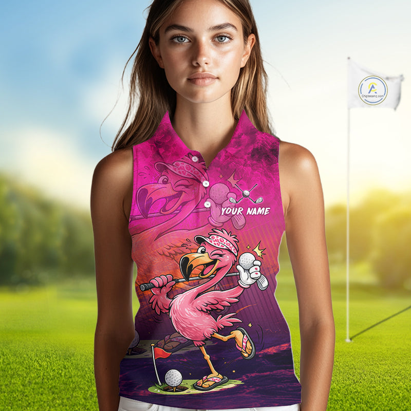 A woman modeling a sleeveless collared polo shirt with a vibrant pink flamingo golf graphic, set against a blurred golf course background with a flag.