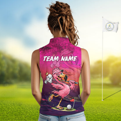 A woman modeling a sleeveless collared polo shirt with a vibrant pink flamingo golf graphic, set against a blurred golf course background with a flag.