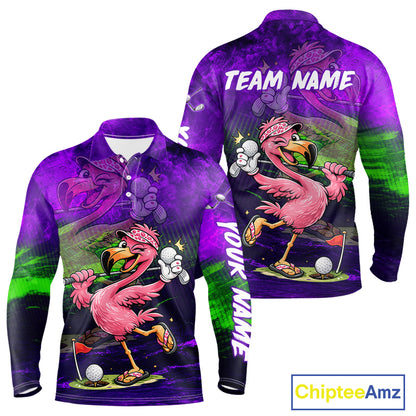 Front and back views of a long-sleeve custom polo shirt with a purple and black gradient design, featuring a cartoon flamingo golf player, 'TEAM NAME' on the back, and 'YOUR NAME' on the sleeve. A 'ChipteeAmz' logo is visible in the bottom right corner.